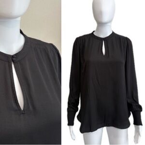 LOFT Black Satin Blouse Womens Size Small Smocked Long Puff Sleeve Fairy Goth